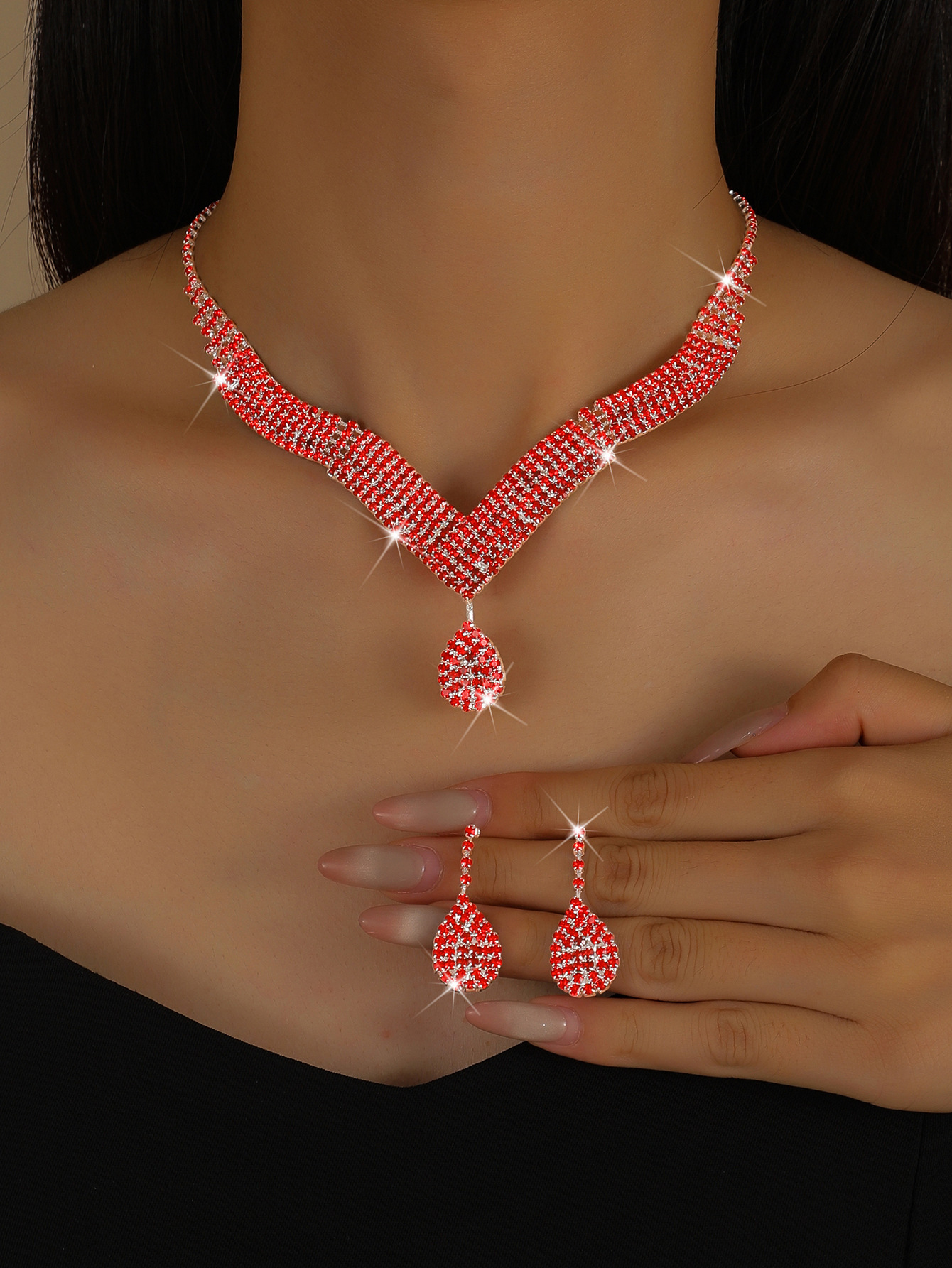 European And American Brides Wedding Jewelry Necklace Women's Earrings Jewelry Set Rhinestone Chain Set 582