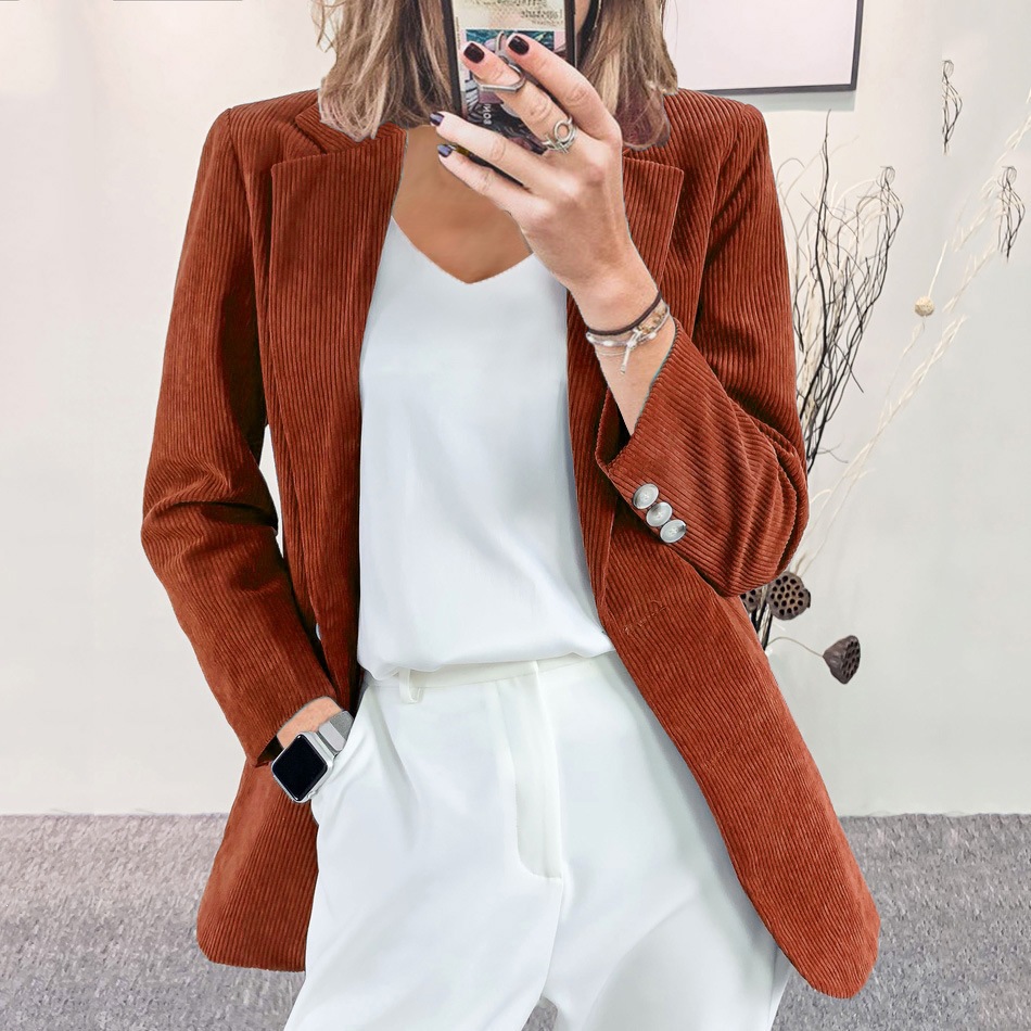 Women's Fall Winter Corduroy Blazer - Elegant Slim-Fit Solid Color Casual Workwear Jacket