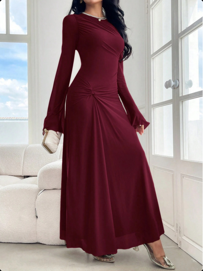2025 New Cross-Border European And American Style Bell Sleeve Slim Fit High Elasticity Crinkled Bodycon Fashion Long Dress