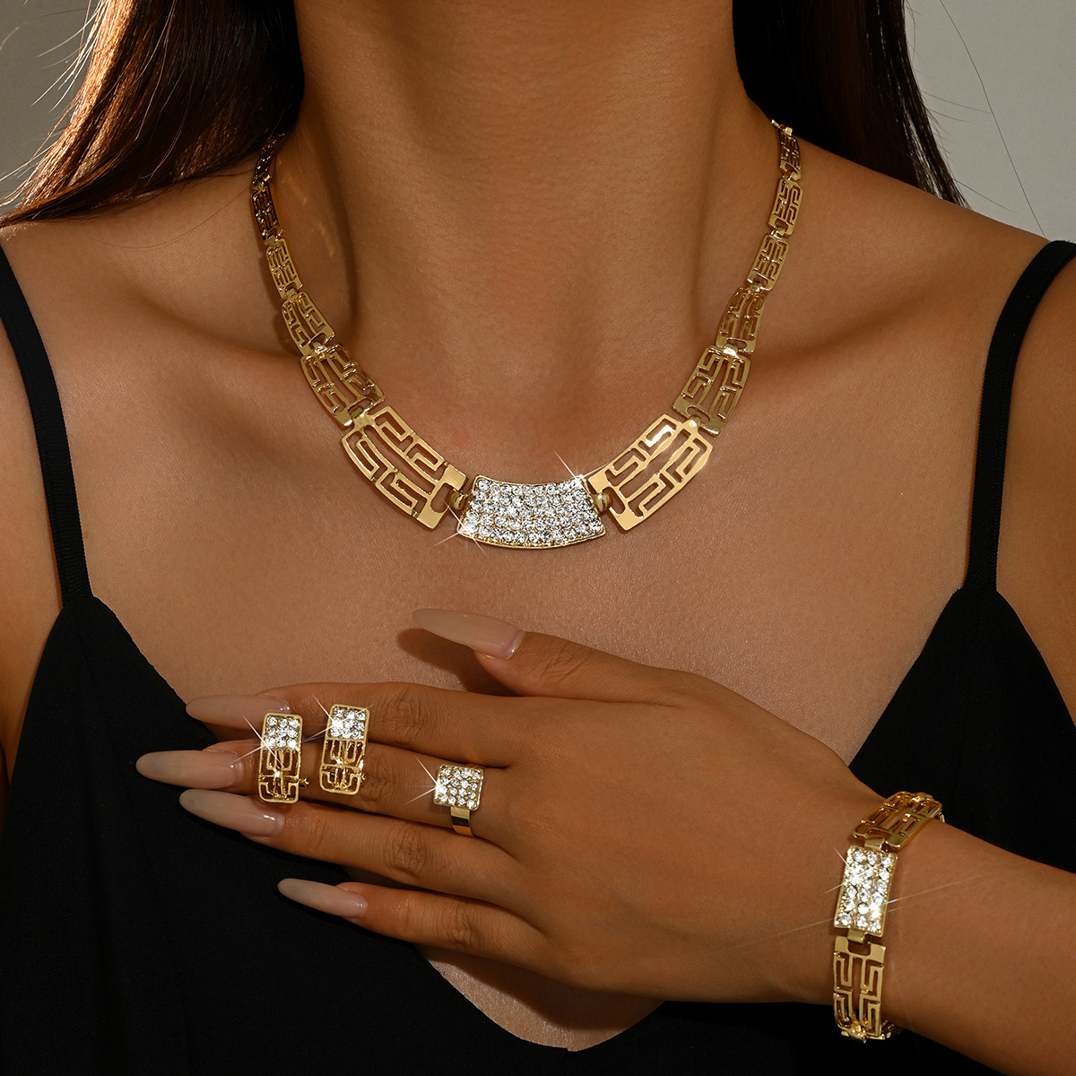 Women Rhinestone Jewelry Set, Necklace Earrings Ring