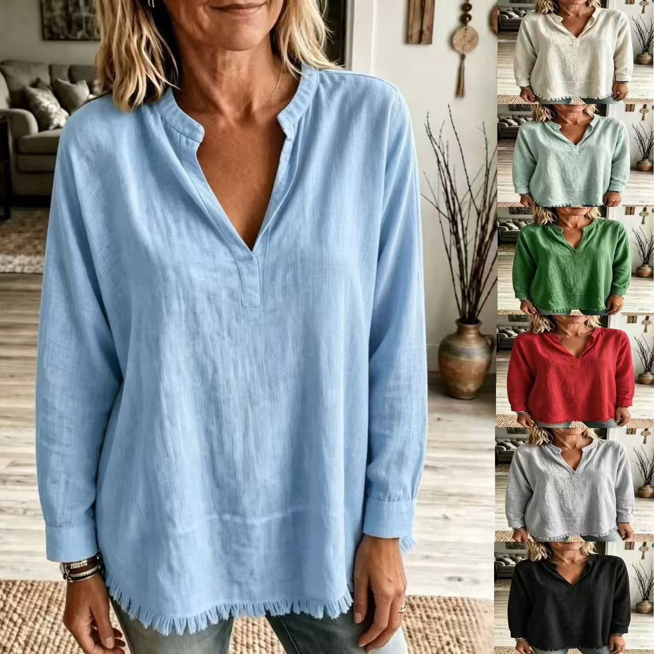 Women Solid Shirt Notch Collar V Neck
