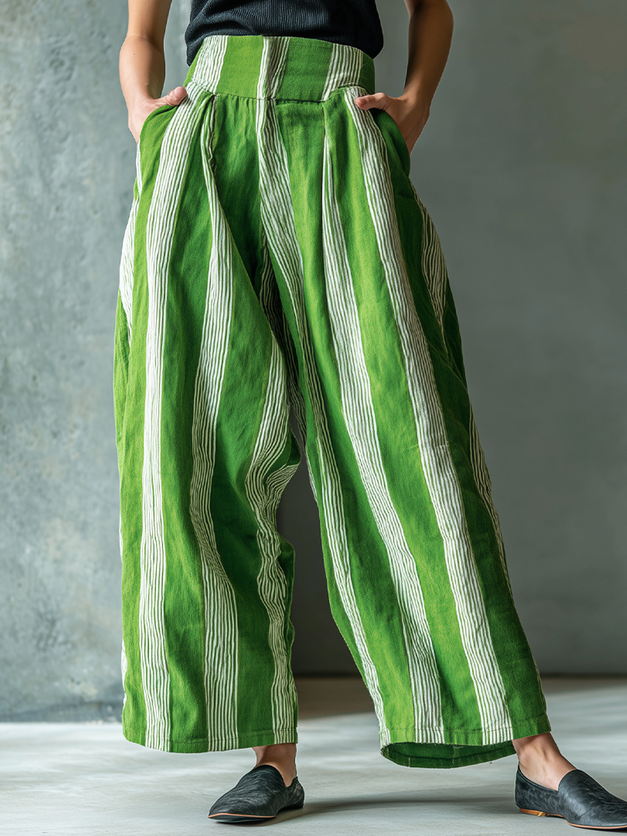 Fall New European & American Cross-Border Women's Loose Casual Resort Style Linen Striped Wide Leg Pants With Premium Feel