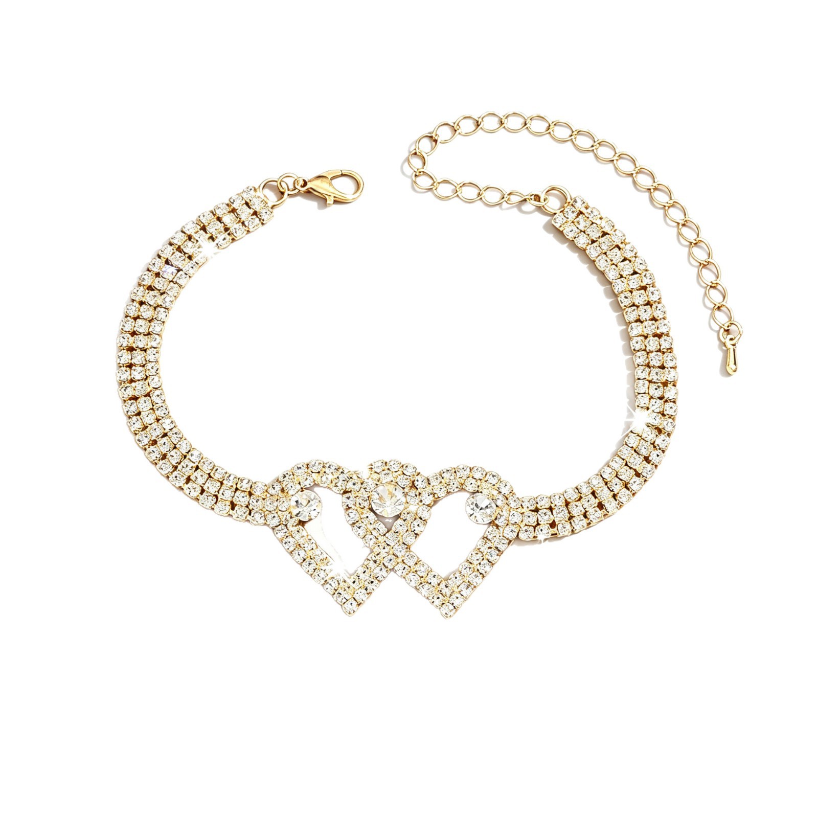 Women Intertwined Double Heart CZ Tennis Anklet, Gold Plated Summer Beach Foot Jewelry