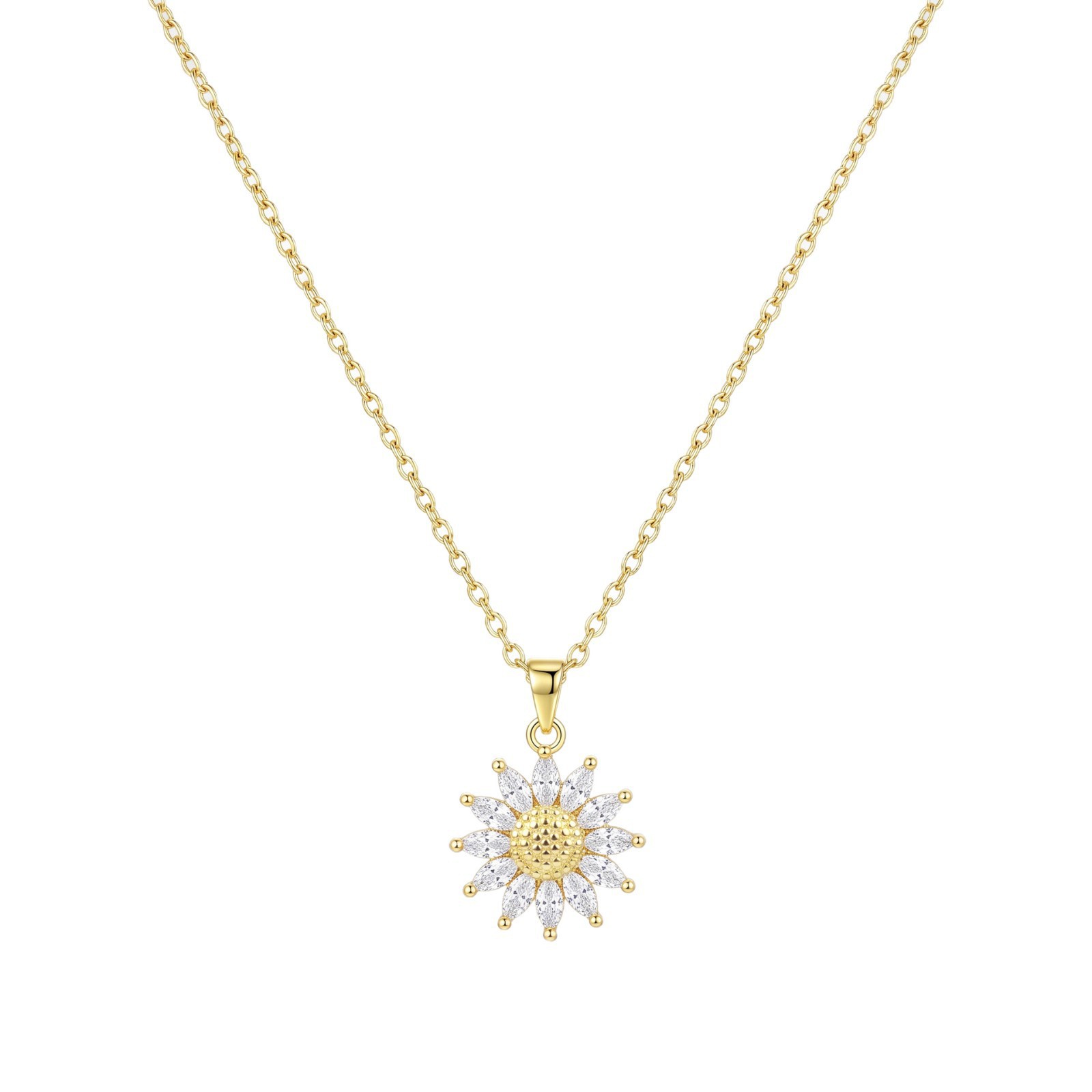 Japanese Korean Light Luxury Viral Sunflower CZ Micro Pave Clavicle Necklace, Fashion Sweet Dainty New Sunflower Pendant Necklace For Women 4