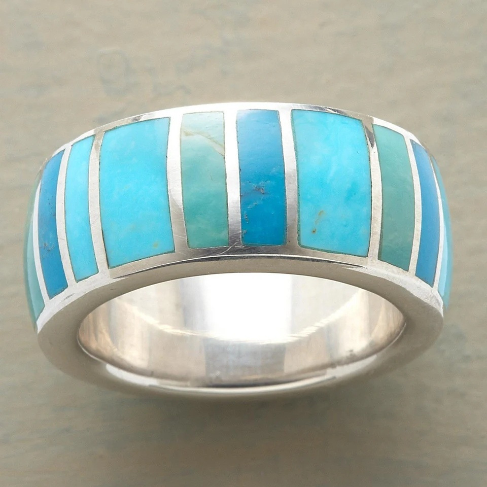 Vintage Turquoise Color Band Ring Silver Tone Brass Women Geometric Statement Party Fashion Jewelry Elegant