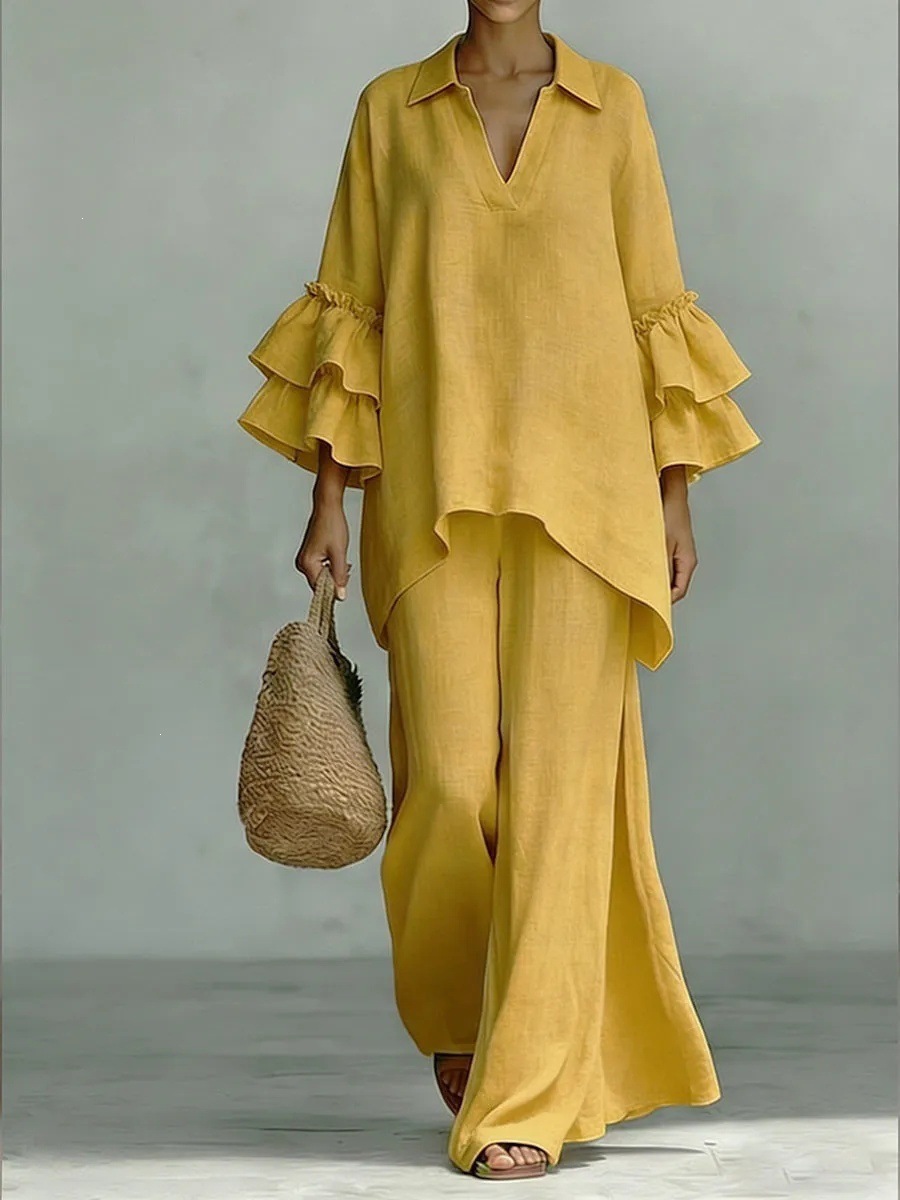 Women Casual Matching Set Lapel V Neck Ruffle 3 4 Sleeve Irregular Tops Wide Leg Long Pants 2 Piece Tracksuit Outfits