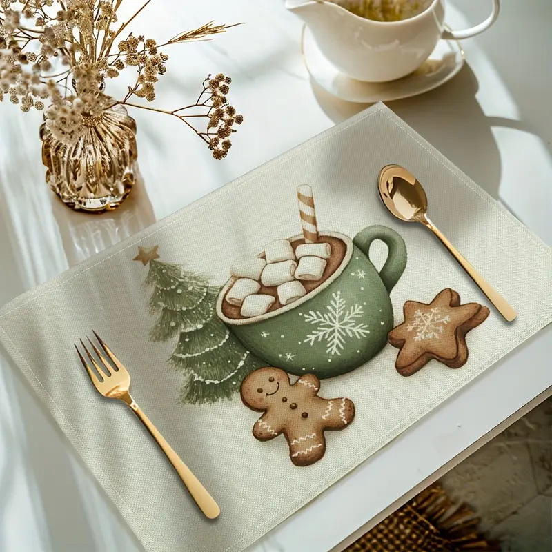Christmas Gingerbread Man Placemat Polyester Textured Dining Table Holiday Party Home Decor Festive Kitchen Mat