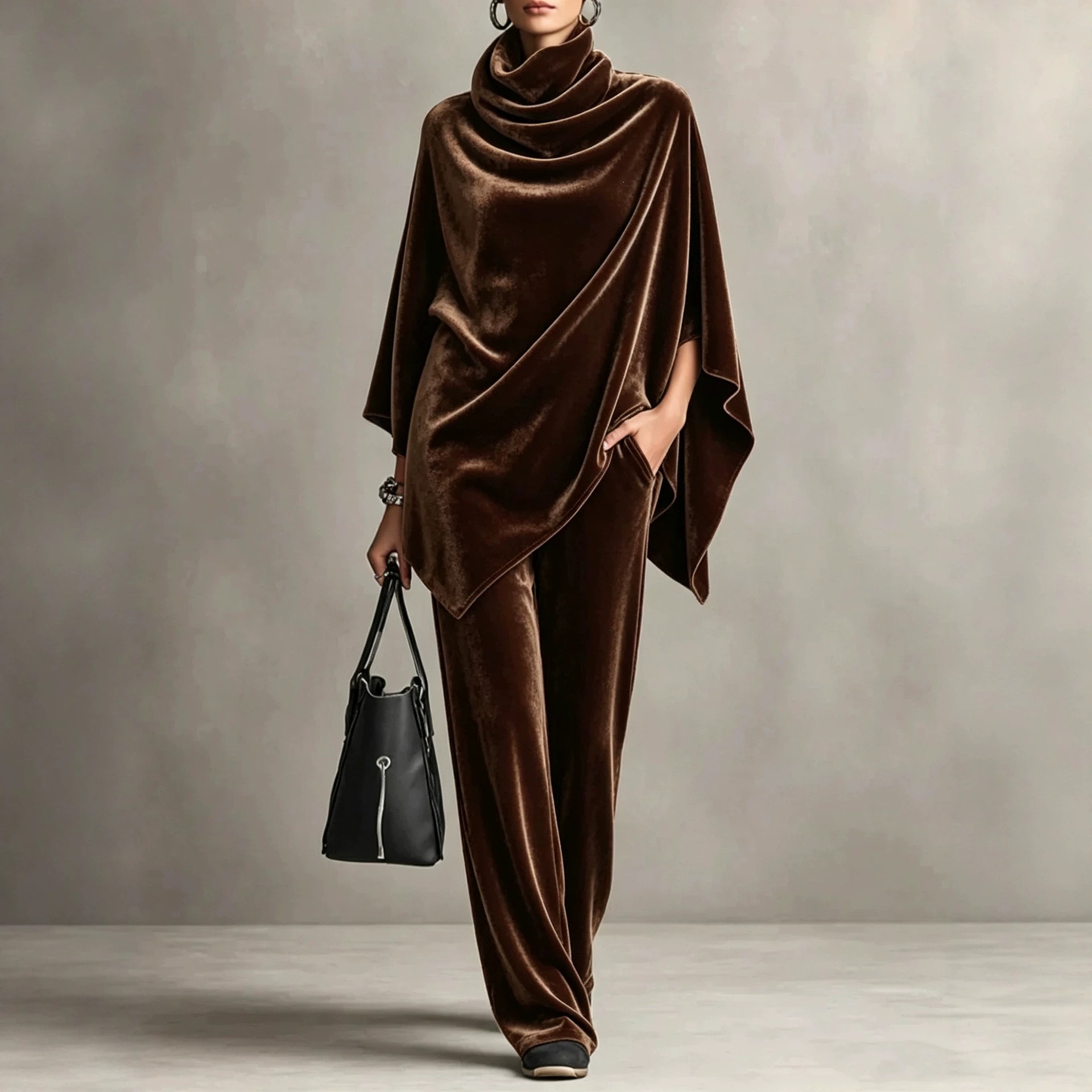 Women Fall Winter 2-Piece Matching Set, Cowl Neck Korean Velour Cape Top & Wide-Leg Pants, European American Fashion