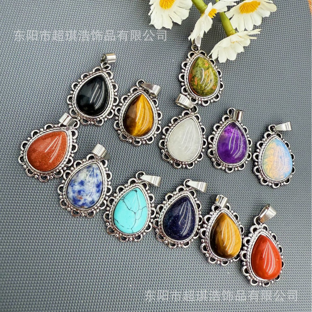 Natural Crystal Pendant Alloy Water Drop Inlaid Crystal Pink Crystal Amethyst Natural Stone Pendant DIY Jewelry Necklace 20