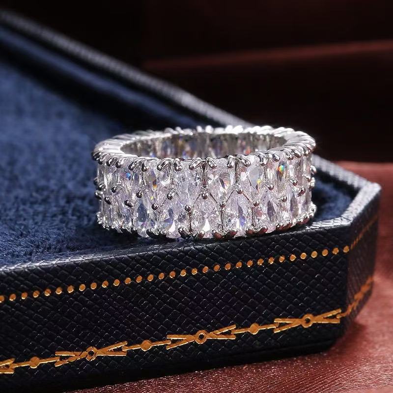 European American Fashion Double Row Teardrop Zircon Ring,Women Light Luxury Unique Wide Band Rhinestone Inlaid Finger Ring Hot Selling Cross Border Style