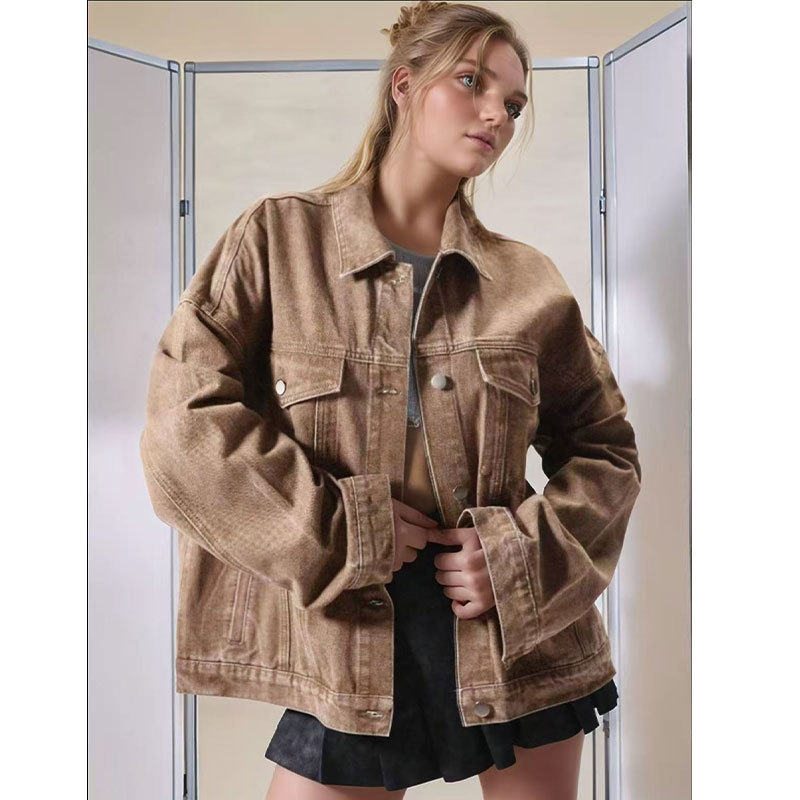Cross-border European And American Style Loose-fit Washed Denim Shirt, Women's Mid-length Retro Casual Long-sleeve Collared Jacket Top