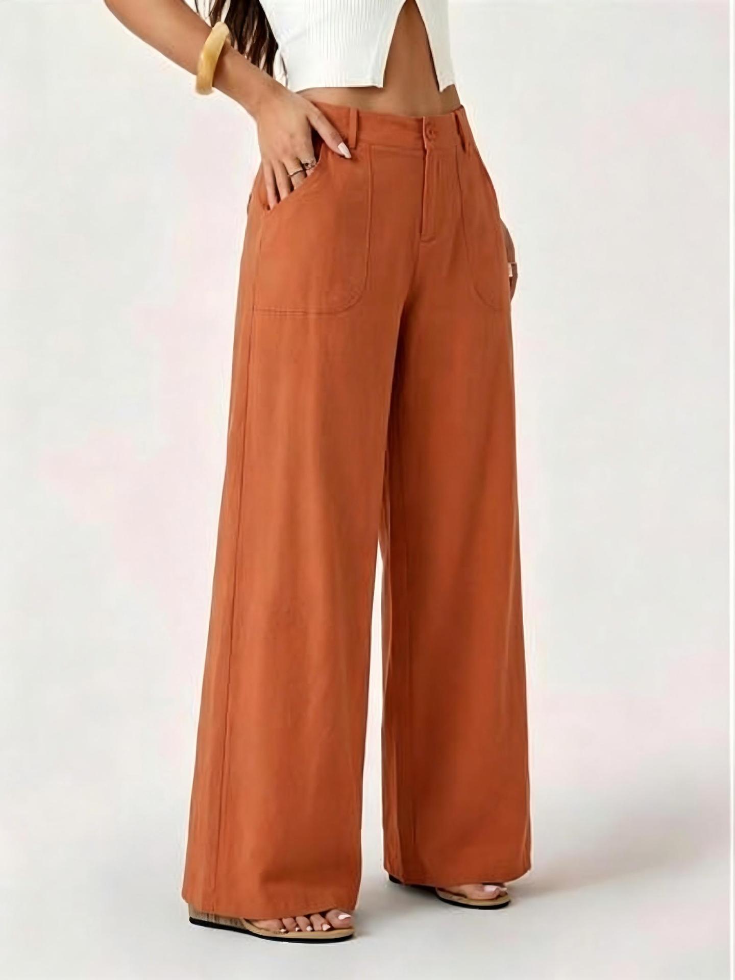 2026 New Style Women's Cotton Linen Wide Leg Pants, Mid Rise, Casual And Commuter Style, Solid Color With Pockets — image 14 of 17