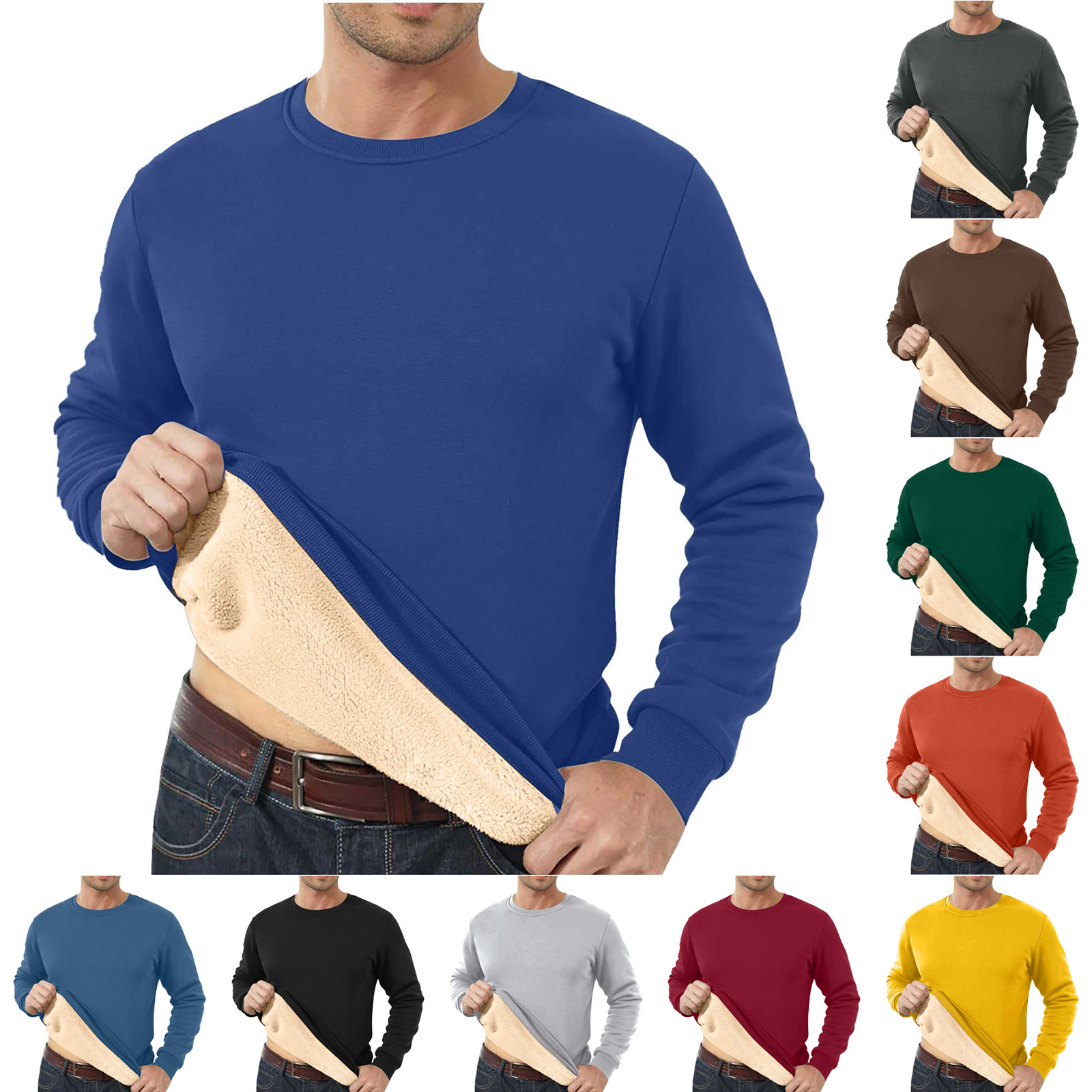 Amazon Cross-Border Dropshipping Autumn And Winter Sweatshirt Men's Velvet Round Neck Solid Color Loose Thermal Underwear Thick Foreign Trade Men's Clothing