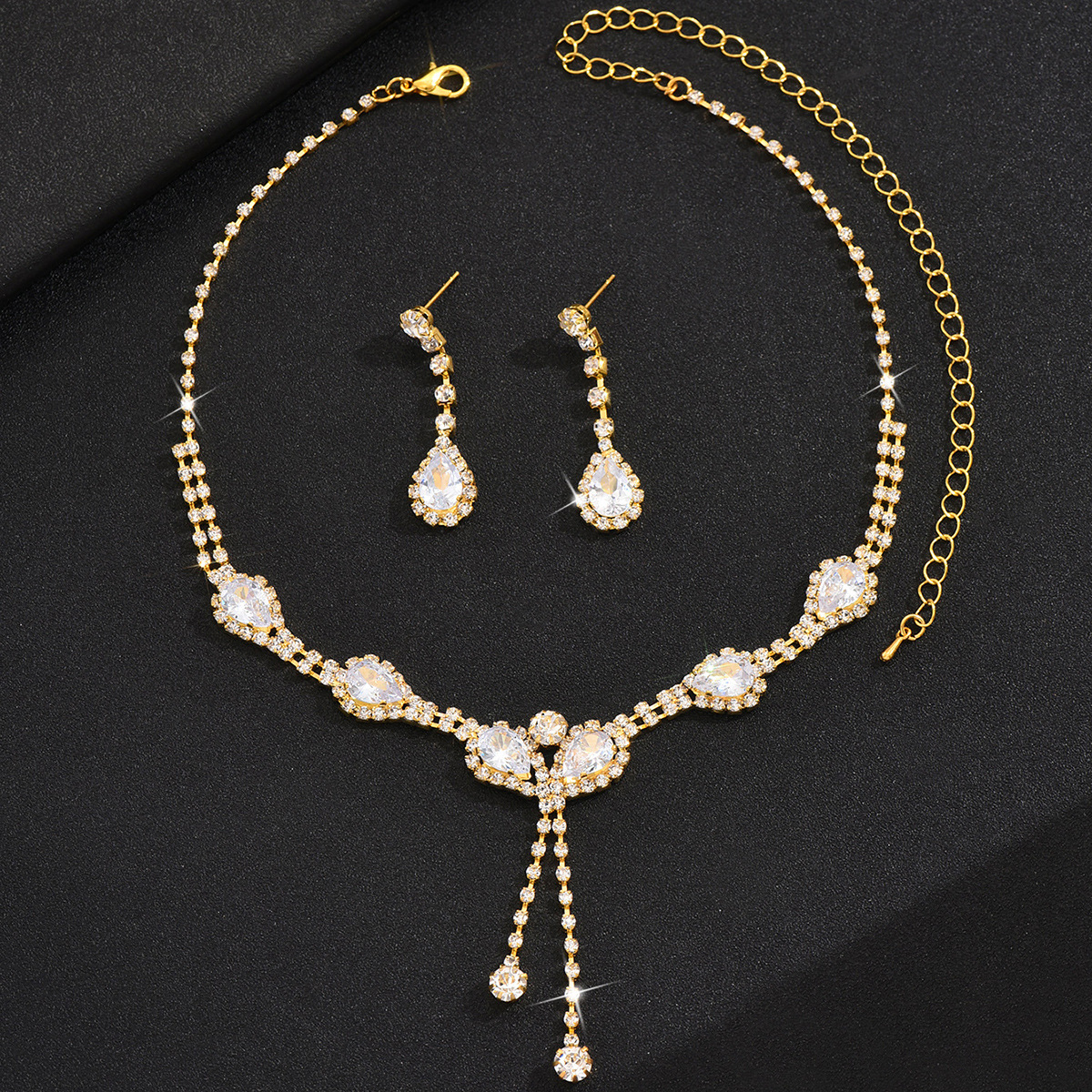 2025 Cross-border New Wholesale Necklace Earrings Suit Simple Bridal Wedding Rhinestone Gold Silver Accessories