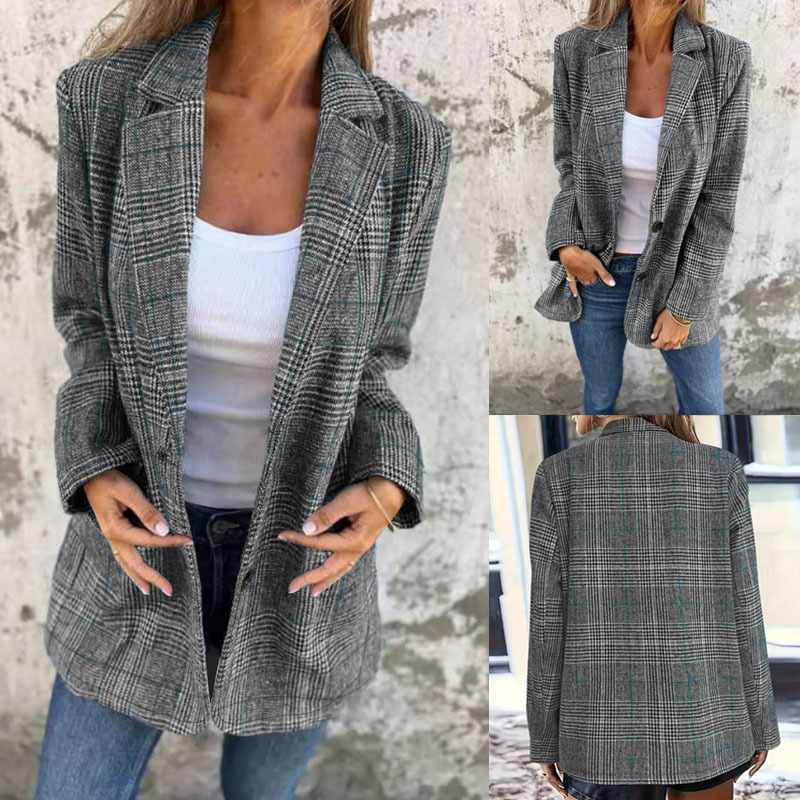 Women Plaid Blazer Jacket Lapel Long Sleeve