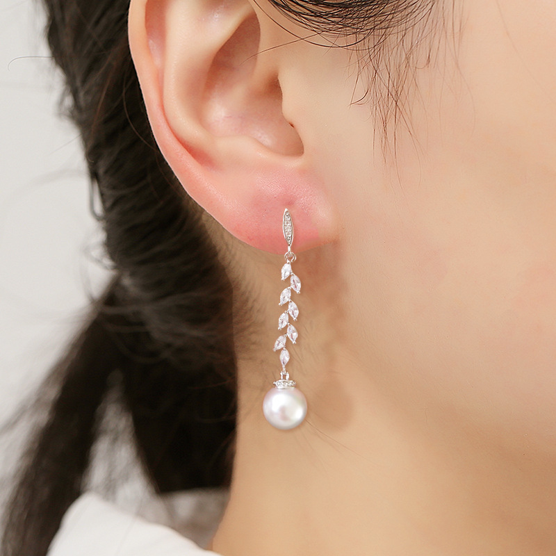 Women Marquise Leaf Tassel Drop Earrings, Simulated Pearl Rhodium Plated Long Dangle Ear Jewelry