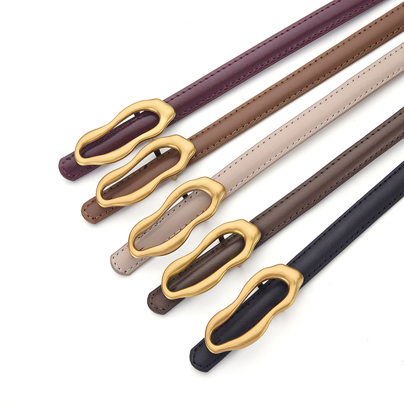 First-Layer Cowhide Thin Belt For Women With Unique Design, Irregular Metal Buckle, Slim Fit, Versatile Leather Belt, Ins-Style Summer Belt 2