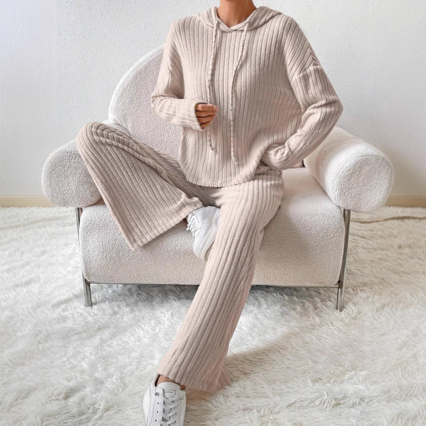 European And American Autumn And Winter 2026 Cross-Border Casual Knitted Long-Sleeved Suit For Women, Foreign Trade Hooded Sweatshirt, Loose Trousers Two-Piece Set