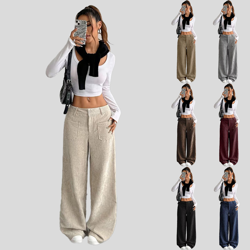 New Cross-Border European And American Autumn And Winter Casual Women's Corduroy High-Waisted Loose Floor-Length Wide-Leg Pants With Front And Back Pockets