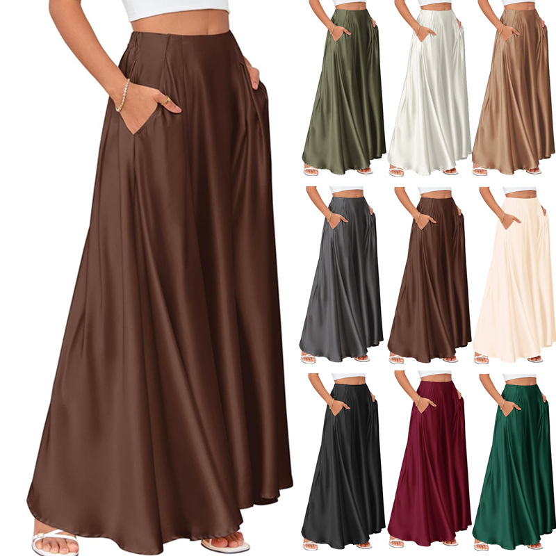 Women Satin A Line Midi Skirt, High