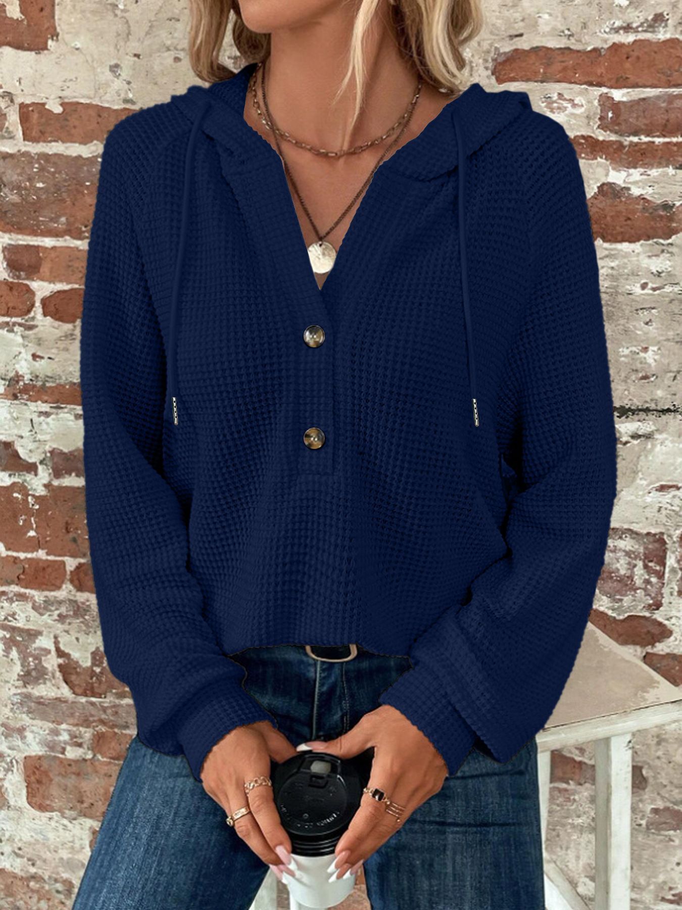 European And American Style New Fall And Winter Solid Color Hooded Button Loose Long-sleeve Sweatshirt For Women — image 2 of 9
