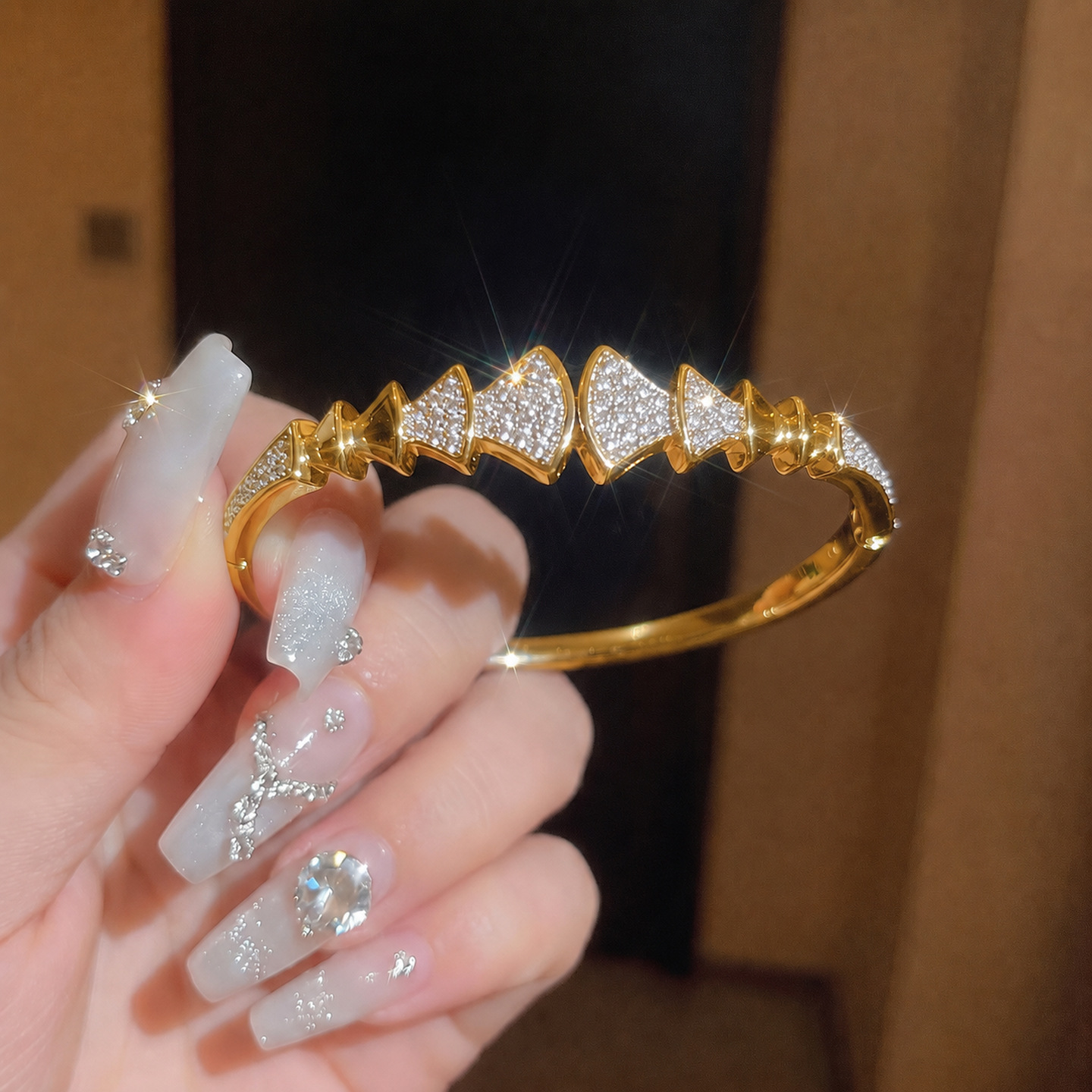 Luxury Full Zircon Dress Shape Bangle For Women, Unique Geometric Design Versatile Wrist Bracelet Elegant Comm