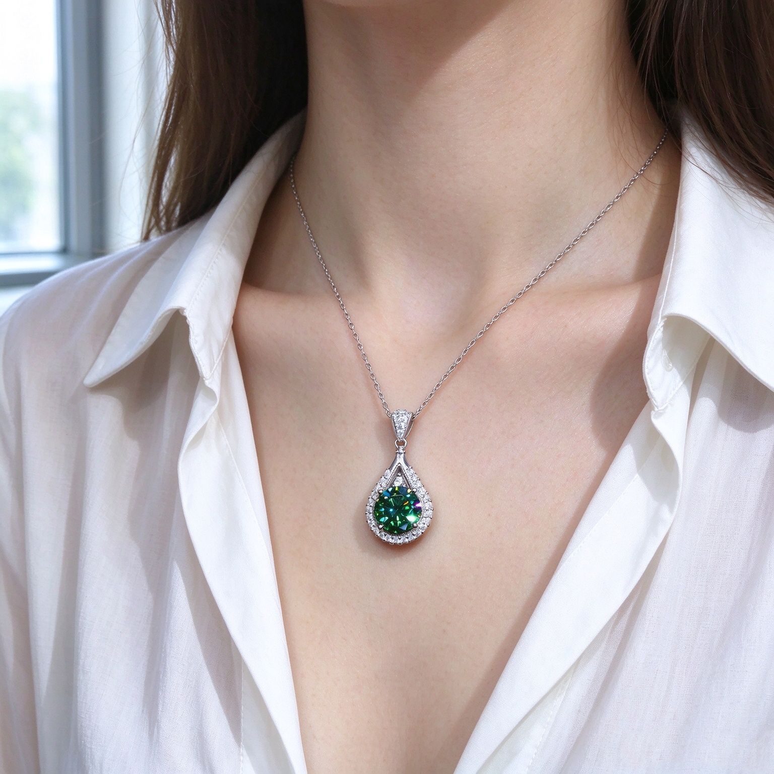 Light Luxury Pear Shape Green Gem Pendant Necklace For Women, Double Layer Halo Inlaid Zircon Clavicle Chain, Banquet Dress Jewelry 3