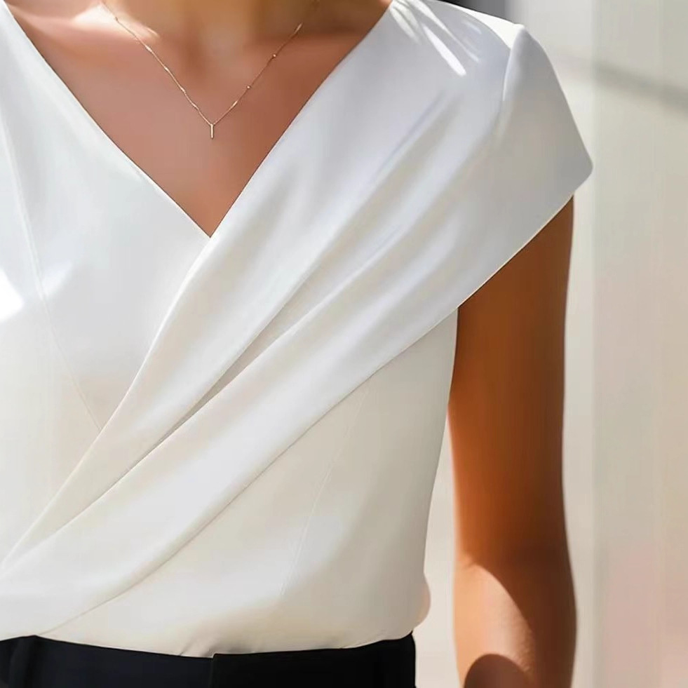 New Women's T-shirt 2026 - European Style, Elegant, Pure Color, V-neck, Short Sleeves, Form-fitting, Summer Women's Top — image 6 of 13