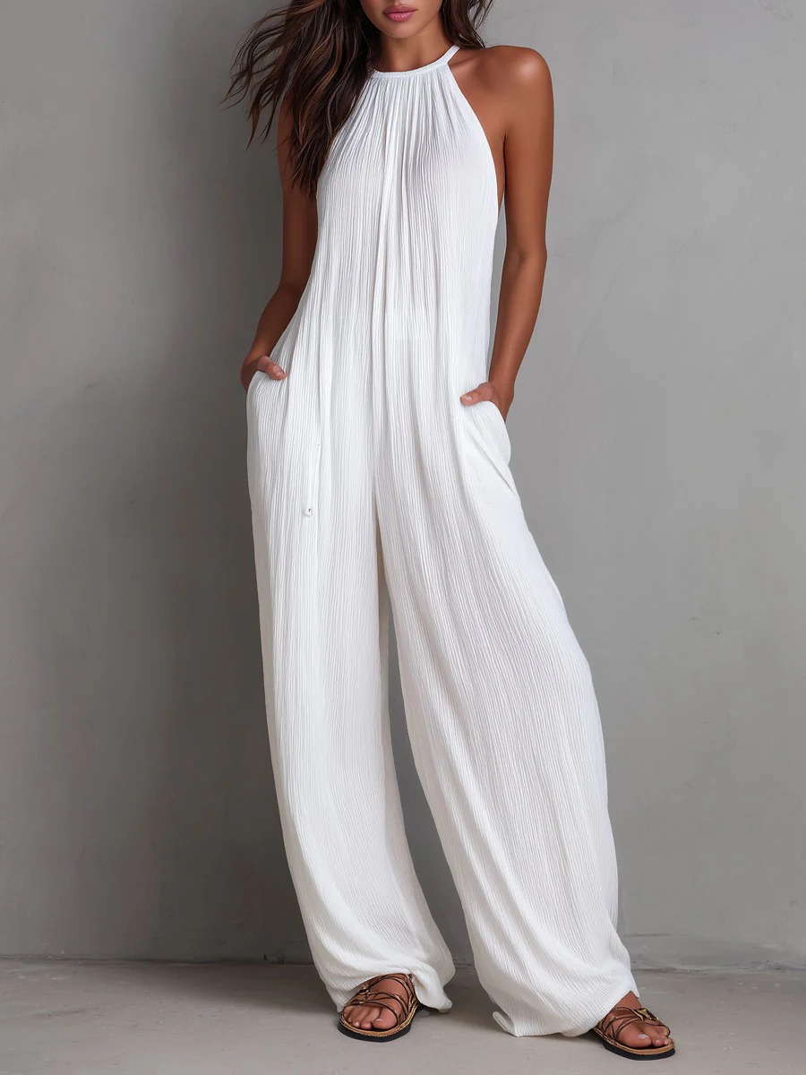 Cross-Border Foreign Trade Women's Clothing European And American Style Halter Neck Sleeveless Vacation Style White Pleated Backless Wide-Leg Jumpsuit — image 9 of 10