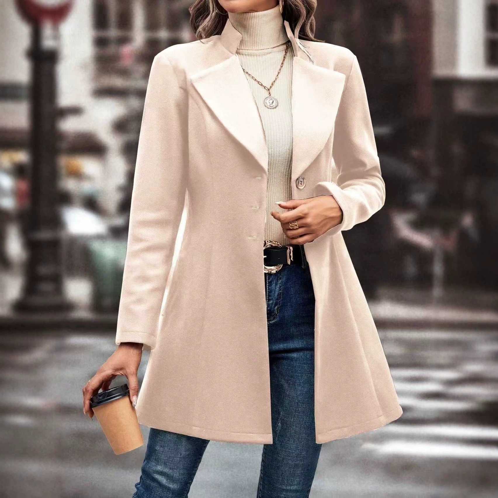 New Women's Autumn and Winter Lapel Slim-fit Solid Color