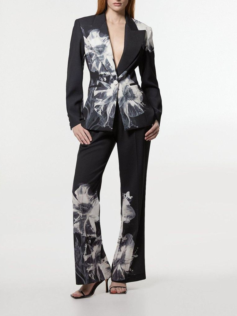 Ink Floral Print Blazer & Flared Trousers Two-Piece Suit product image