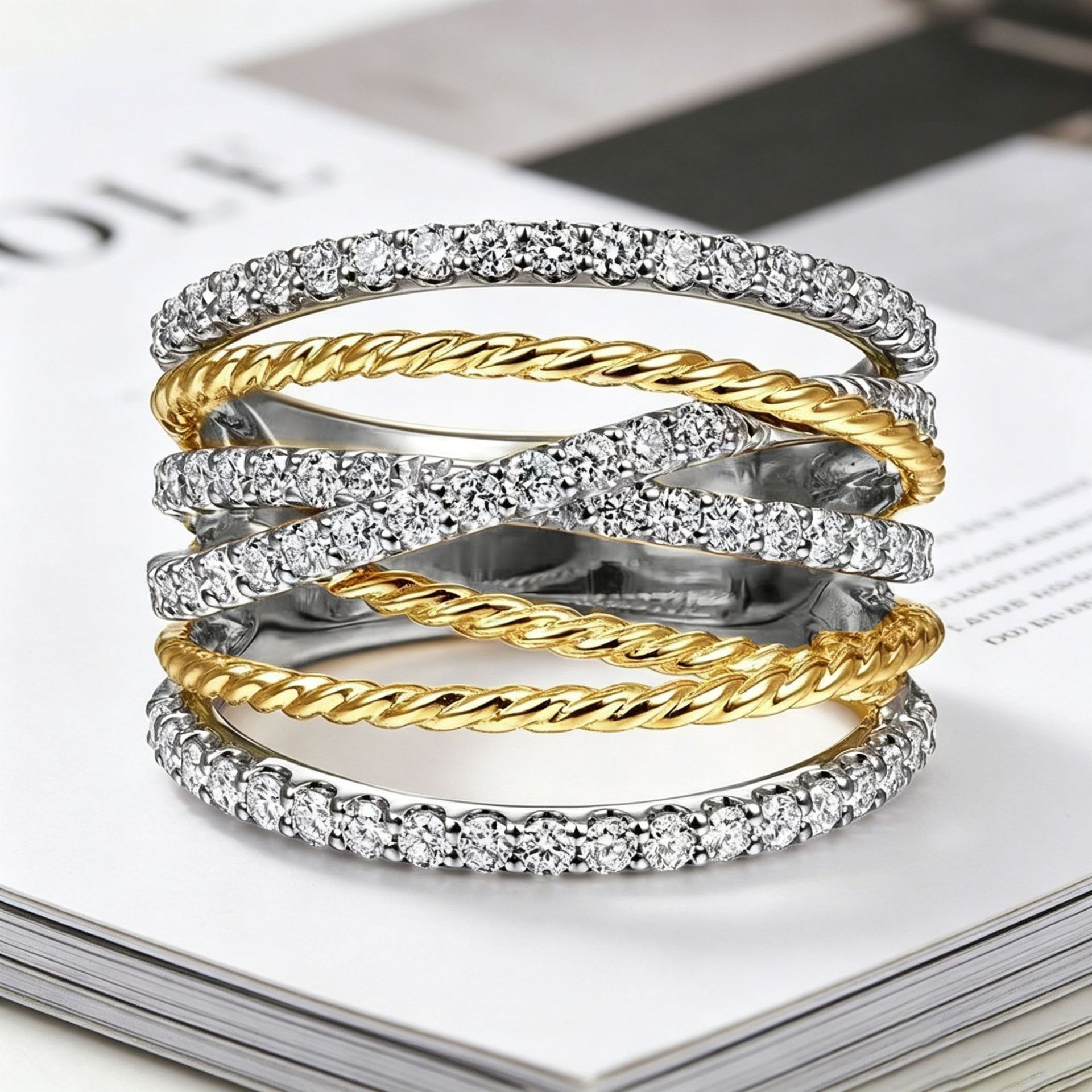 Yanbai Two-Tone Spiral Braided Ring For Women, Light Luxury Thin Edge Gold And Silver Versatile Fashion Exquisite Ring