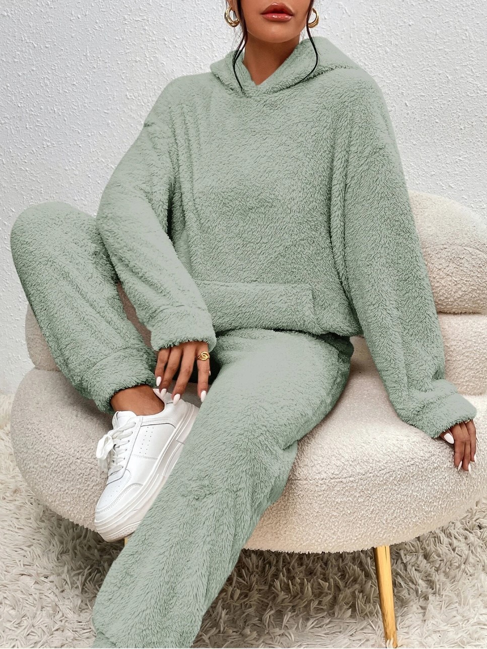 Cross-Border Amazon 2025 Autumn And Winter New European And American Casual Women's Clothing Solid Color Plush Hooded Long-Sleeved Pants Suit