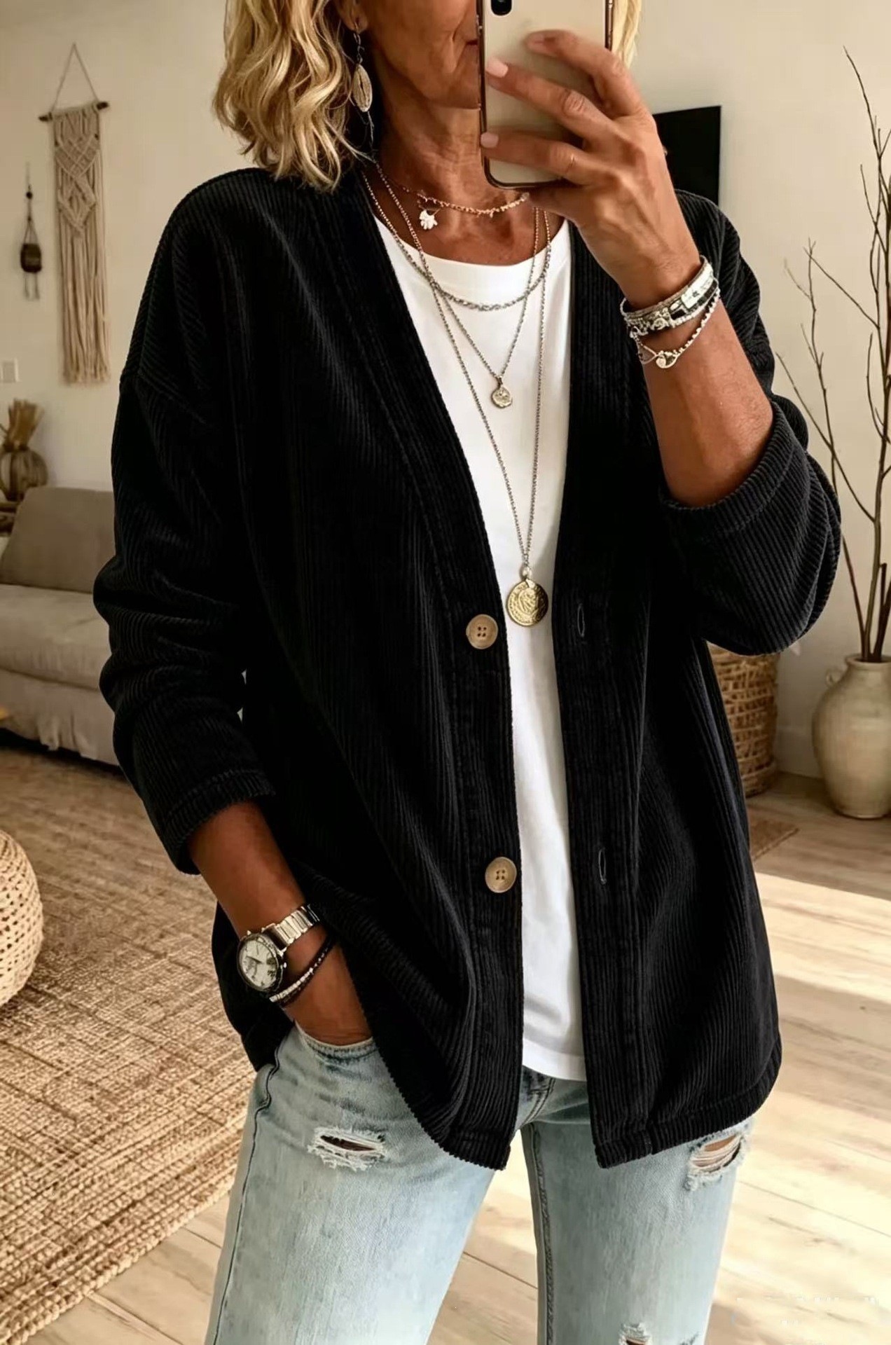 European And American Street Style Autumn And Winter New Women's Coat Solid Color Button Cardigan Casual Fashion Long Sleeve Women's Coat