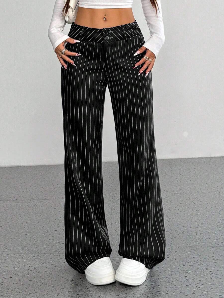 European And American Cross-Border Striped Loose Casual New Mid-Waist Wide-Leg Suit Trousers Straight-Leg Pants — image 7 of 10