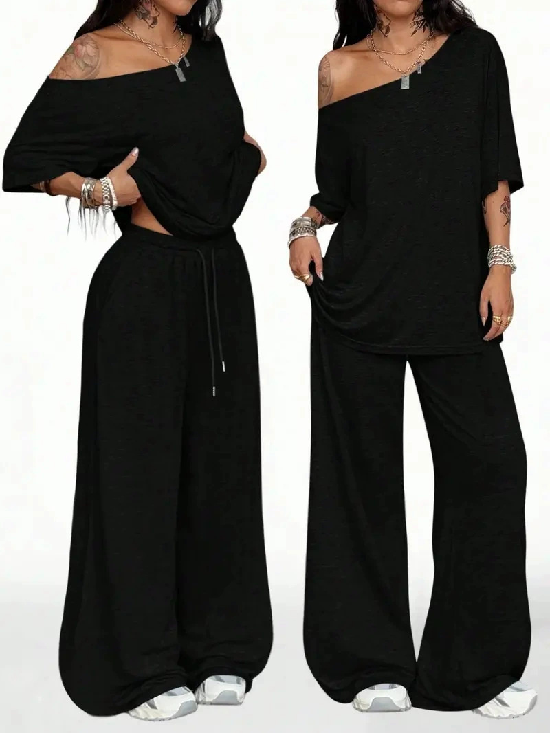 2026 European And American Cross-border New Arrivals Autumn Winter Women's Casual Sportswear, One-shoulder, Loose-fitting Two-piece Set