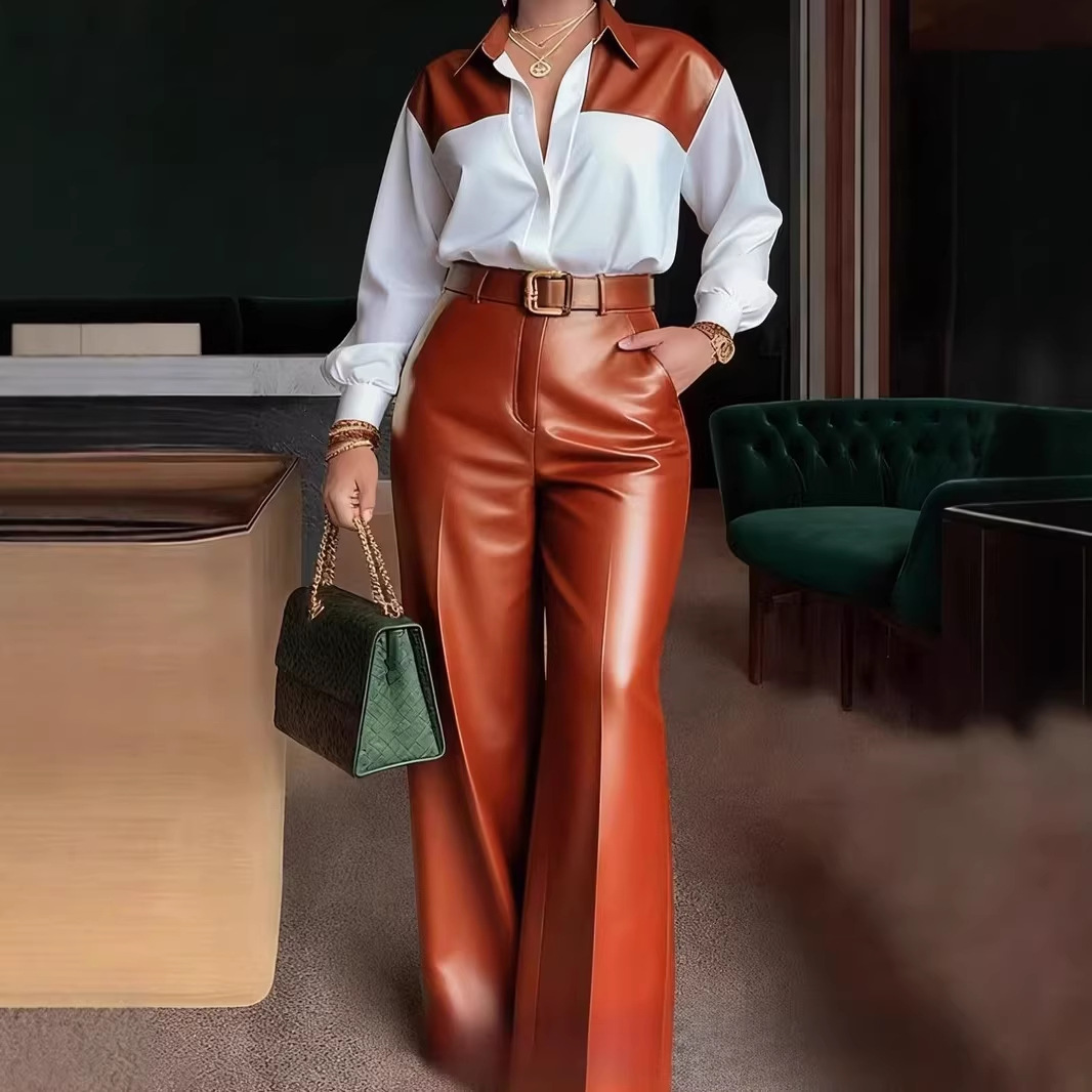 Amazon Cross-Border European and American Foreign Trade Style Elegant Commuter Women's Long-Sleeve Shirt with Belt and Wide-Leg Leather Pants