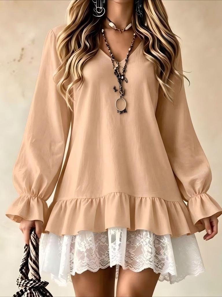 Versatile Lace Spliced Dress, Fashion Long Sleeve Ruffled Mini Dress