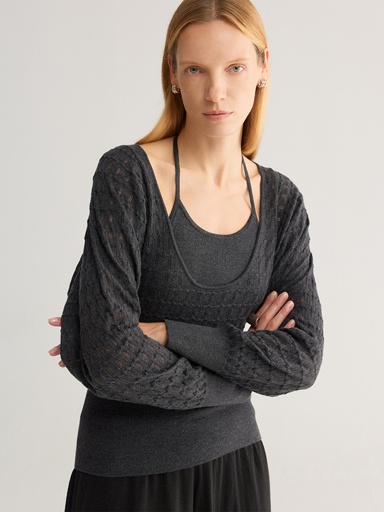 French Style 2-in-1 Halter Open-Knit Layered Top