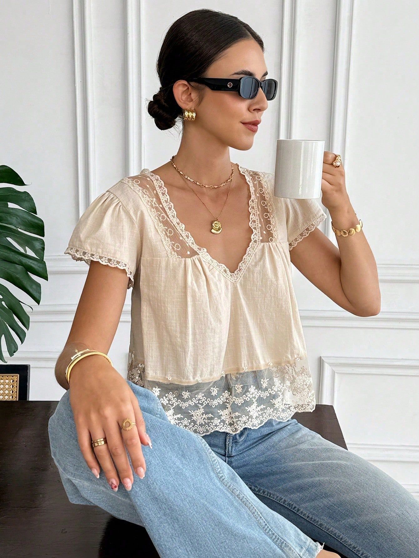 New Cross-border Amazon Hollow Embroidered Lace Shirt, V-neck Mesh Splicing… — image 1
