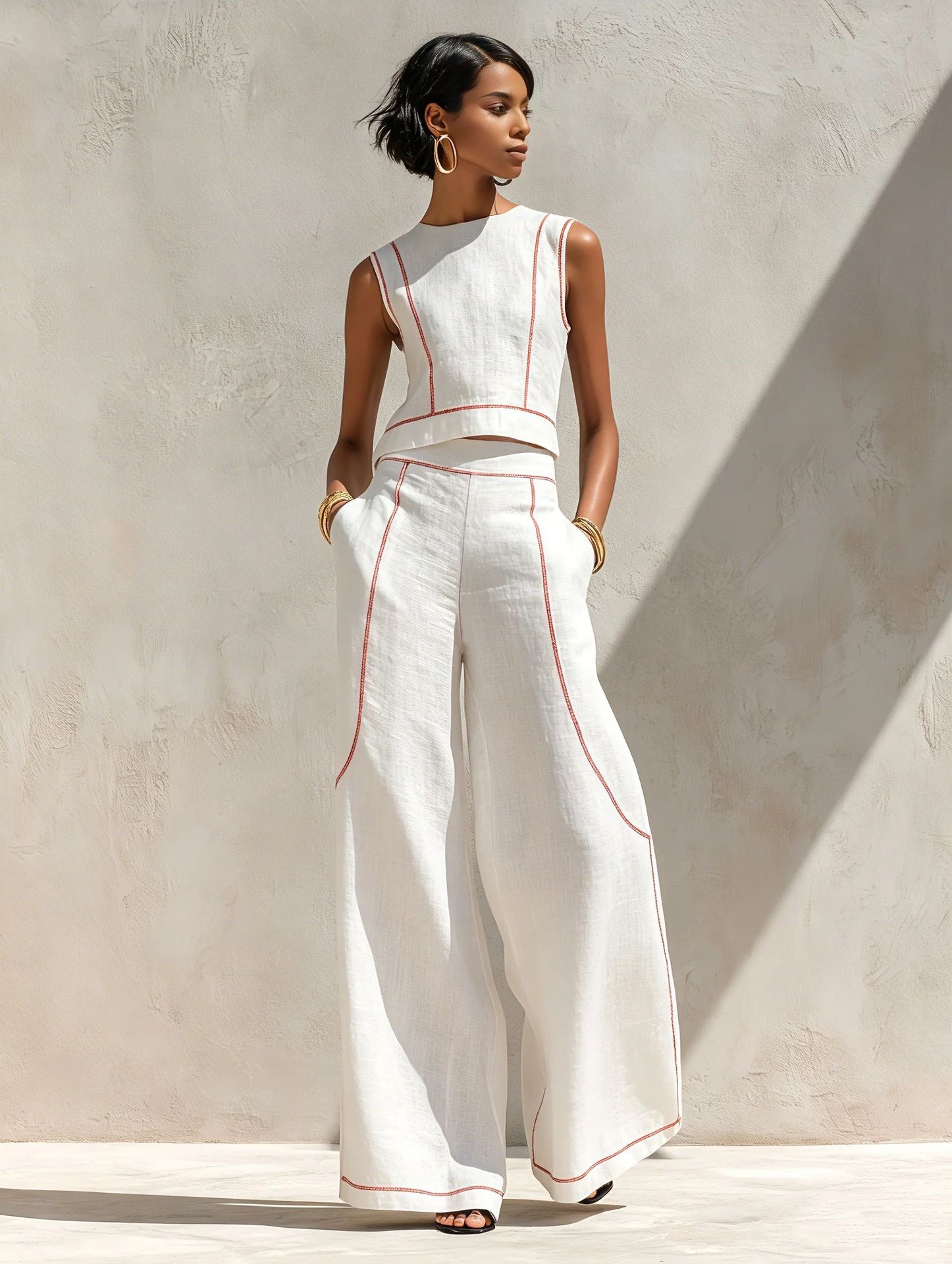 2026 New European And American Style Sleeveless Color-Blocking Wide-Leg Pants Set For Women Summer Casual Fashion Two-Piece Set Trendy Cross-Border Style
