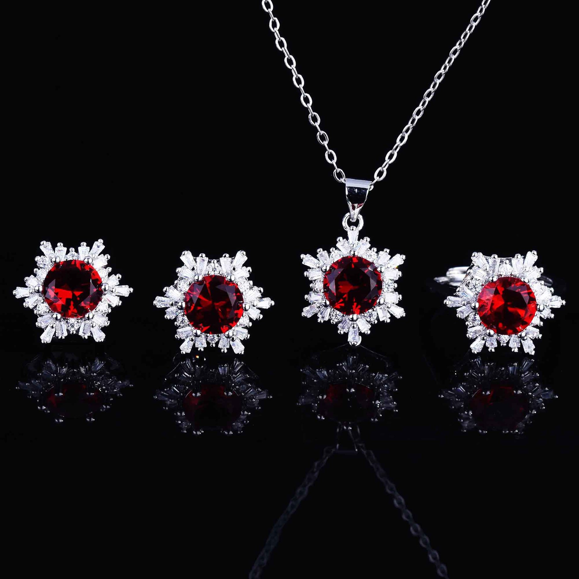 Fashionable Temperament Full Diamond Zircon Pendant Sunflower Earrings Ring Women's Creative Snowflake Color Treasure Set Jewelry Wholesale