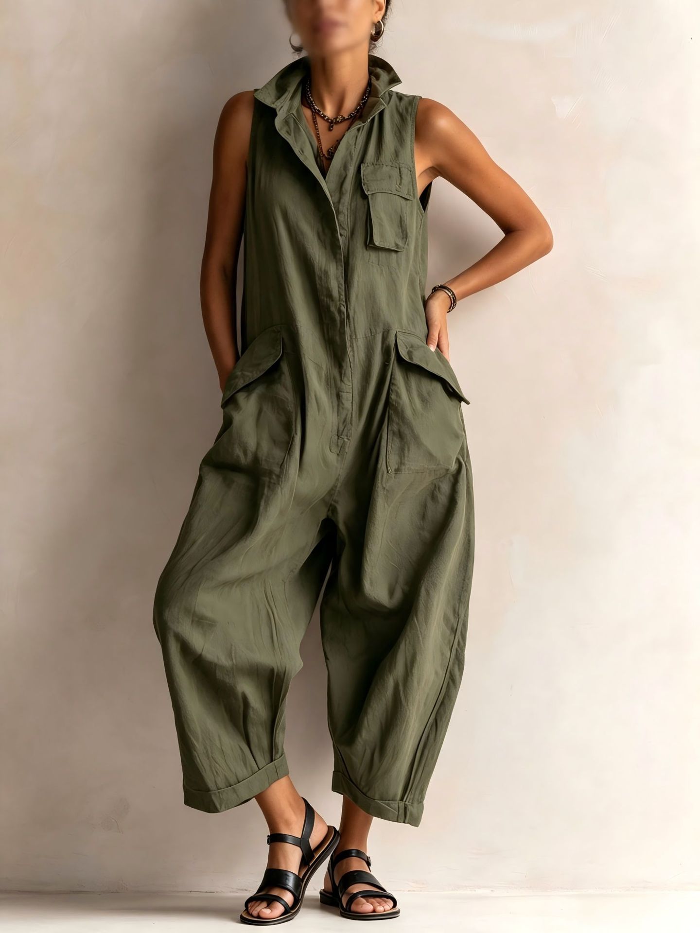 Women's olive green wide-leg cotton jumpsuit – color option detail