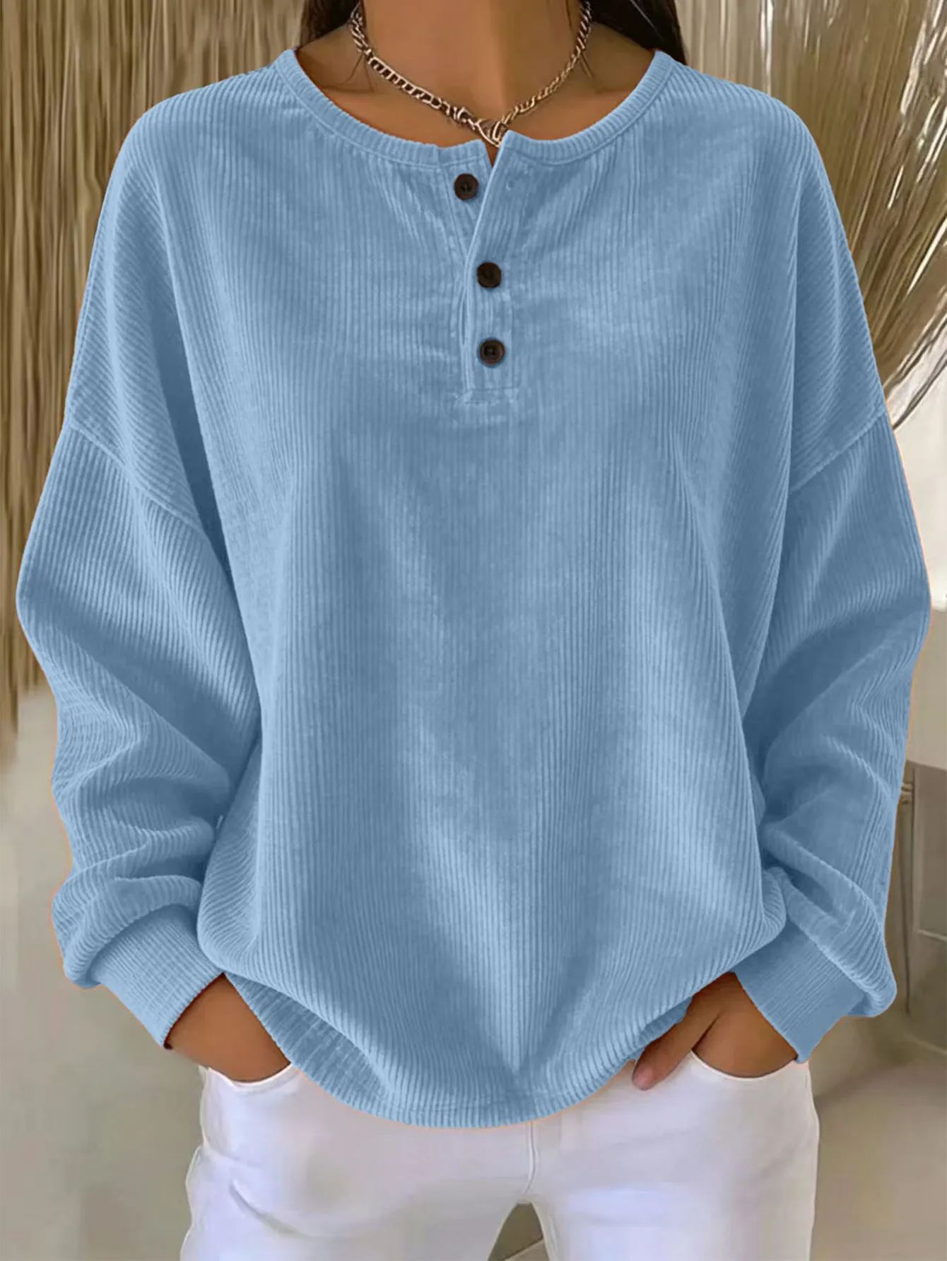 Women's Waffle Knit Henley Long Sleeve Top Loose Drop Shoulder Button Crew Neck Casual Pullover Blouse Fall Winter Basic Shirts