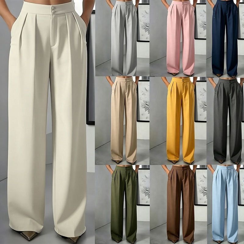 In-stock European And American Cross-border 2026 Autumn New Women's Fashion Simple High-waisted Straight-leg Suit Trousers