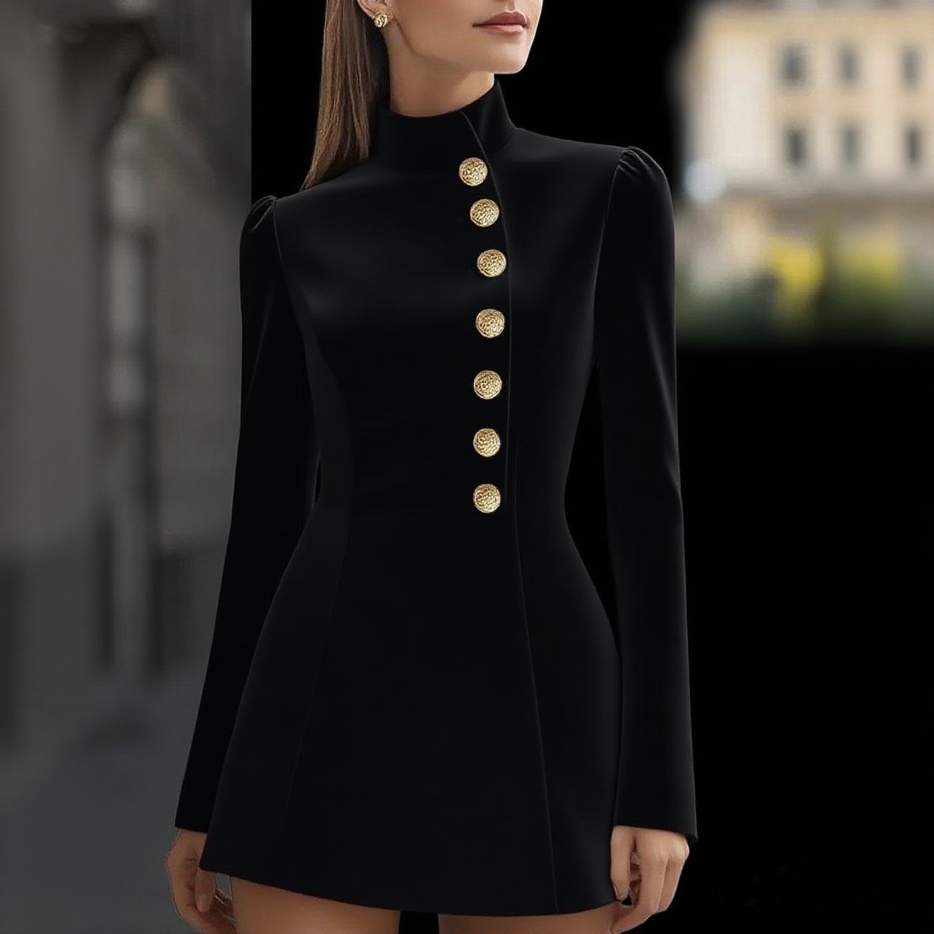 2025 Amazon Aliexpress New Autumn Elegant Slim-Fit Solid Color Short-Sleeve Stand Collar Single-Breasted Dress