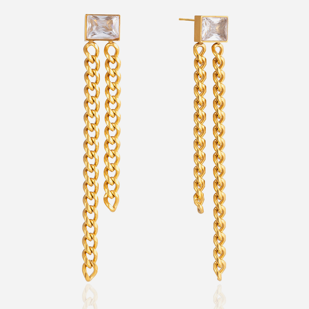 Classic Style Stainless Steel Zircon Chain Tassel Earrings, Light Luxury And High-End Feel, Autumn And Winter Earrings For Women, Cross-Border Jewelry