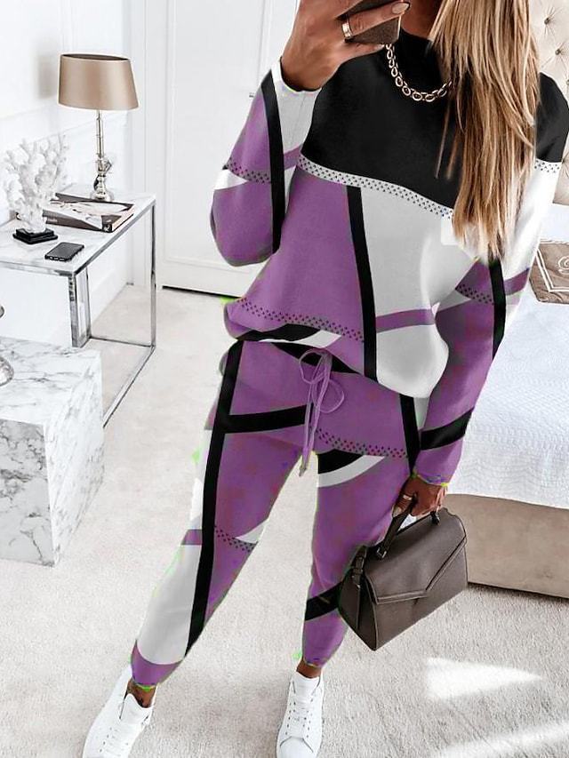 2025 Cross-Border Amazon European And American Women's New Fashion Two-Piece Set With Contrasting Color Print, Long-Sleeve Round Neck Casual Fashion Set