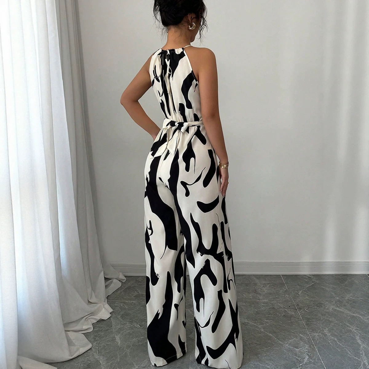 Cross-Border Foreign Trade Halter Neck Jumpsuit Summer European And American Style Milk Pattern Tie-Up Halter Jumpsuit For Women