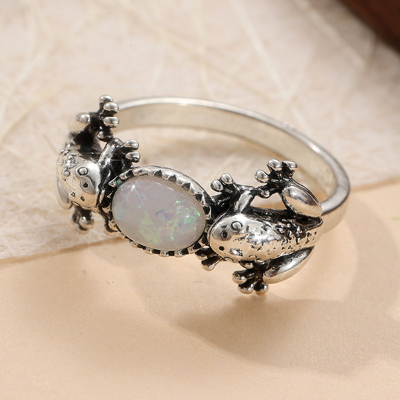 Vintage Frog Iridescent Stone Ring Silver Tone Brass Women Animal Statement Party Fashion Jewelry Artistic 4